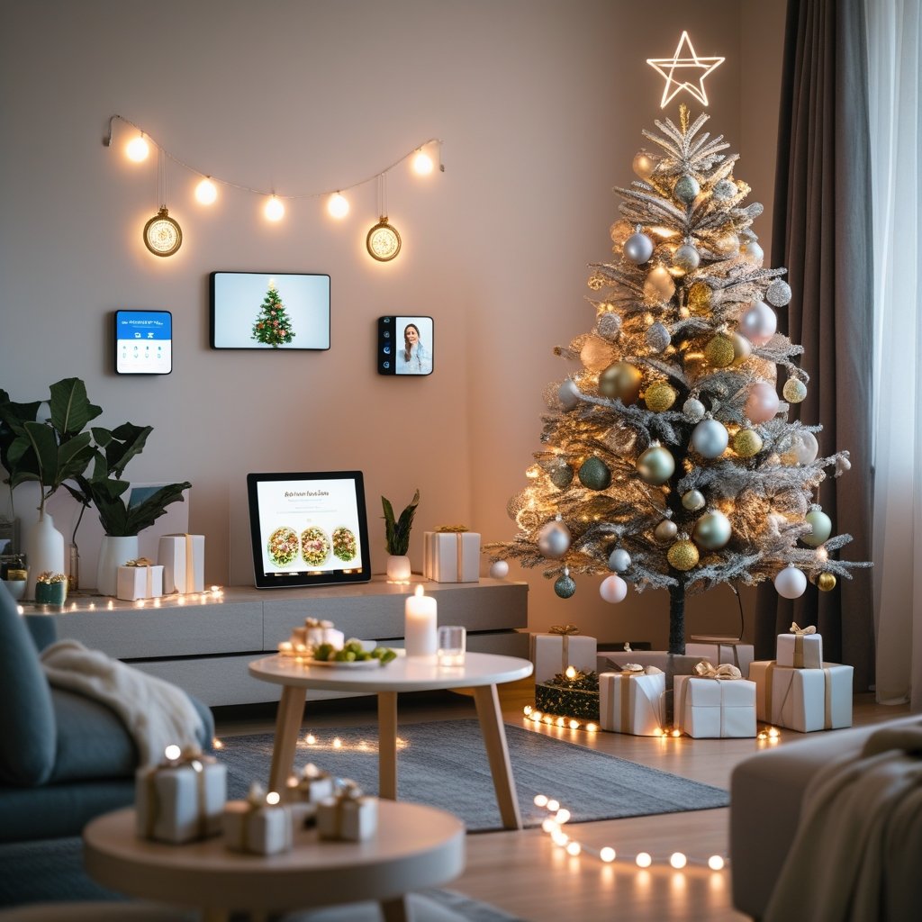 A modern living room decorated for Christmas with a stylish tree, eco-friendly ornaments, smart home devices, warm lighting, and wrapped gifts.